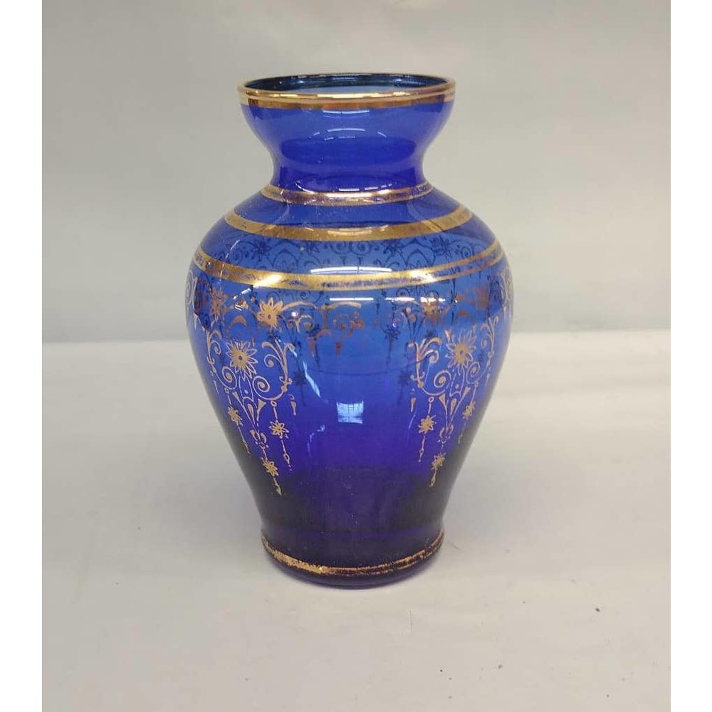 Vintage Bohemian Glass Vase Cobalt Blue With Gold Trim Vase Home Decor Bohemian